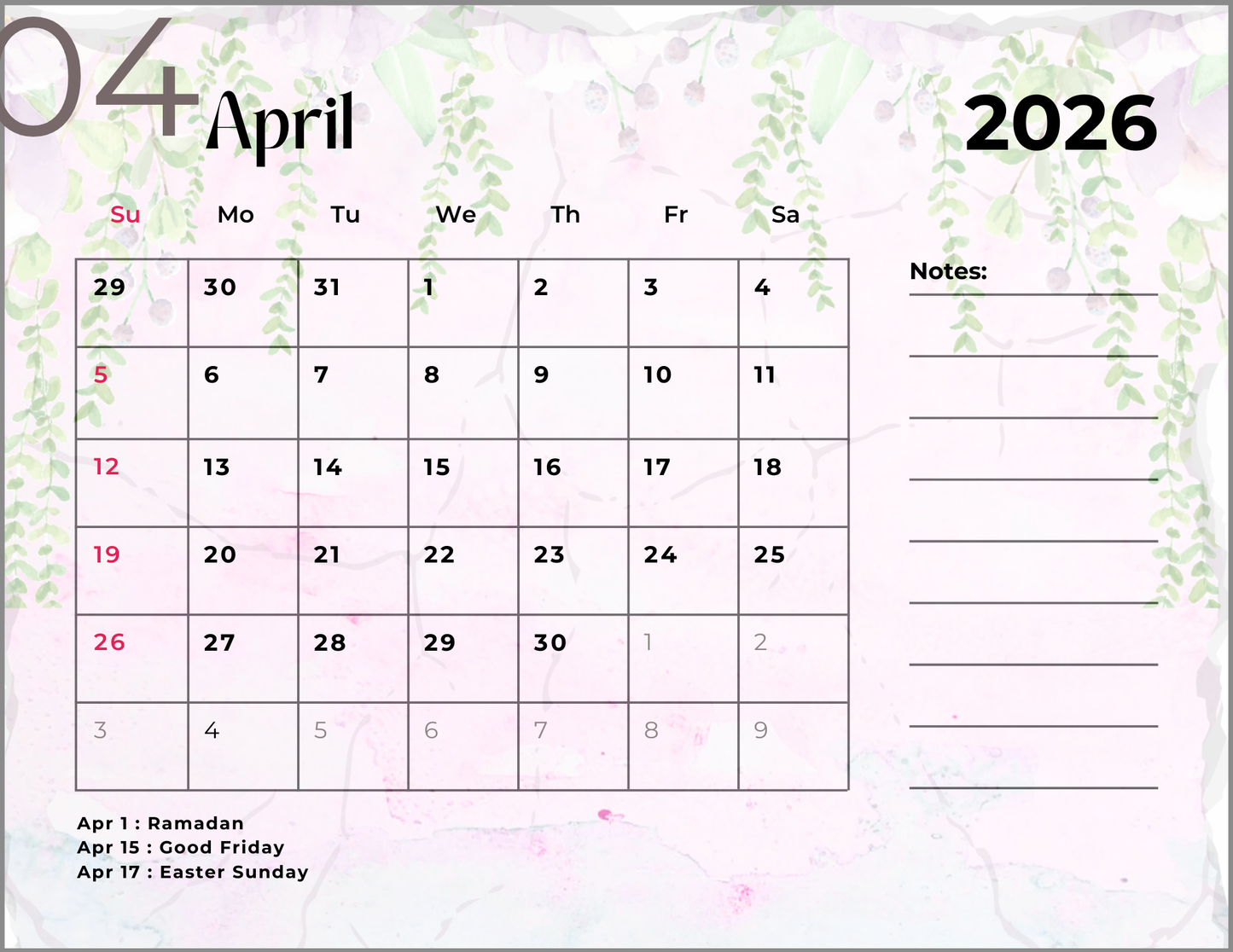 2026 Spring Garden Themed Calendar