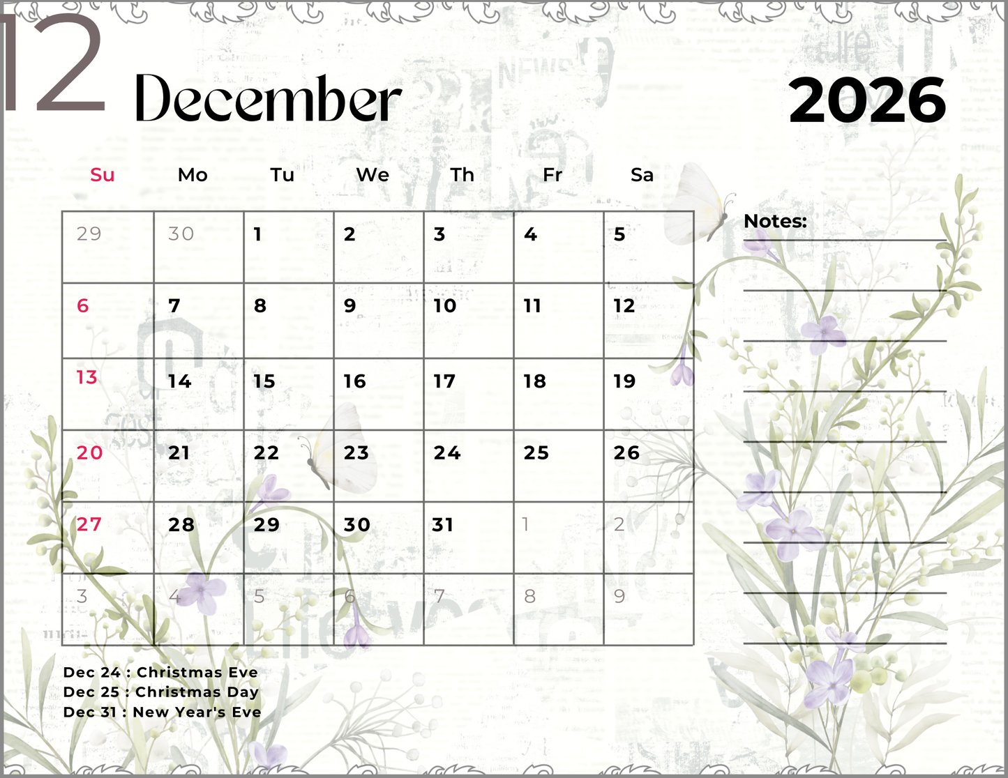 2026 Spring Garden Themed Calendar
