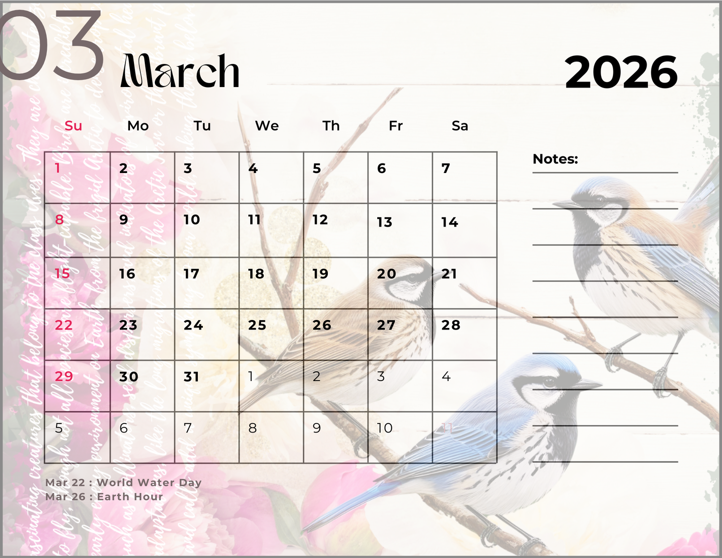 2026 Spring Garden Themed Calendar