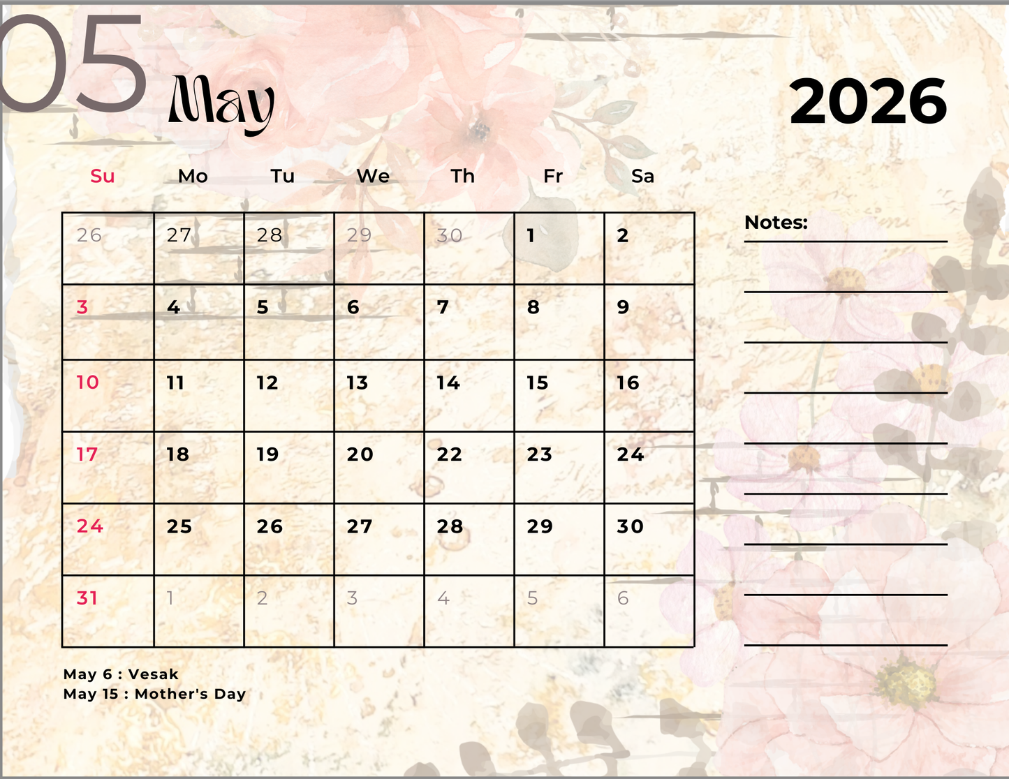 2026 Spring Garden Themed Calendar